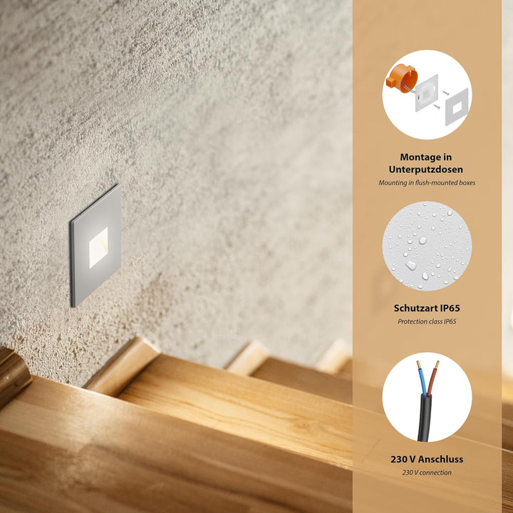 ledscom.de LED Treppenlicht/Downunder FOW für innen und aussen, Downlight, eckig, 85 x 85mm, warmwei
