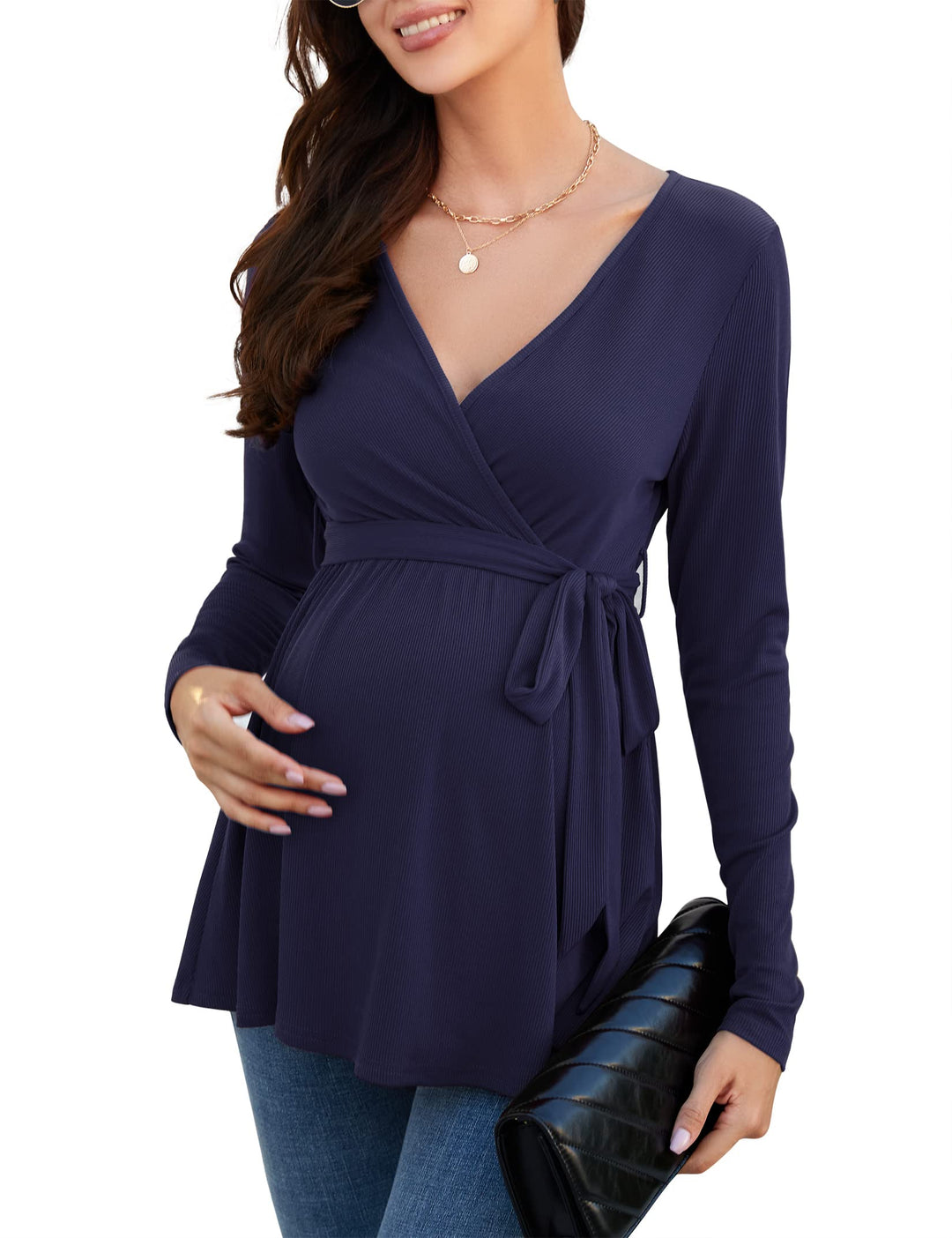 KOJOOIN Damen Stillshirt Schwangerschaftsshirt V-Ausschnitt Umstandsshirt Langarm Nursing Tops mit G