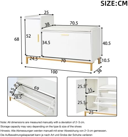 Merax Schuhschrank mit Sitzbank – Hochglanz Schuhregal mit 2 Fächern und 1 Schrank, Gepolsterte Sitz