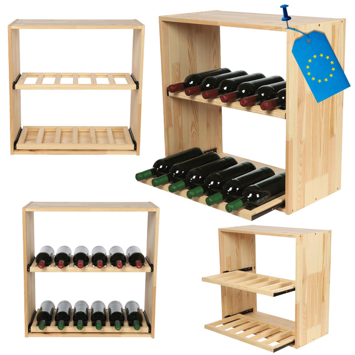 Flaschenregal mit Auszugsböden, Weinregal Massivholz für 12 Flaschen, Weinschrank, Modulares Weinstä