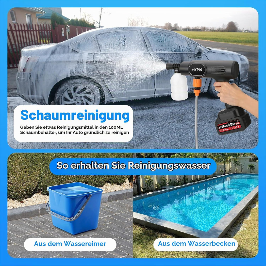 MYPIN Tragbarer kabelloser Hochdruckreiniger mit Zwei 21V Akku, 600 PSI Hochdruckreiniger, 6-in-1-Dü