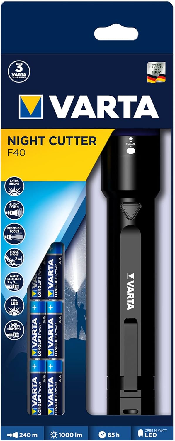 VARTA Taschenlampe LED inkl. 6x AA Batterien, Night Cutter F40 Premium Leuchte, Lampe 1000 Lumen Leu