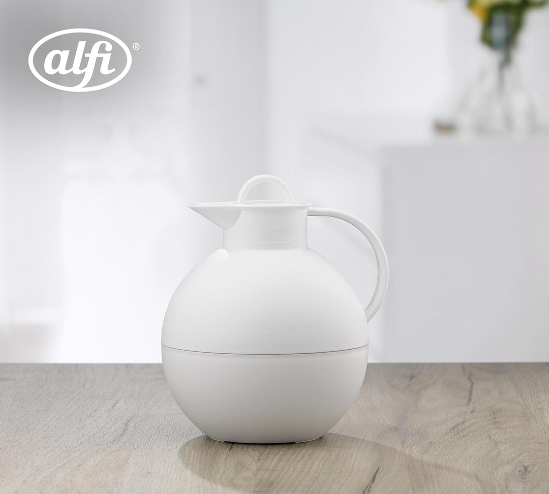alfi KUGEL 0,94l, coconut white mat, Kunststoff-Isolierkanne mit hygienischem Hartglaseinsatz, Drehv