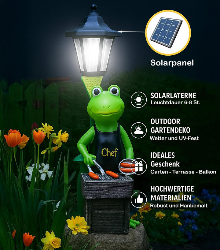 Kremers Schatzkiste XXL Frosch Grillmeister LED Solarlaterne 42x14cm handbemalte Polyresin Gartenfig