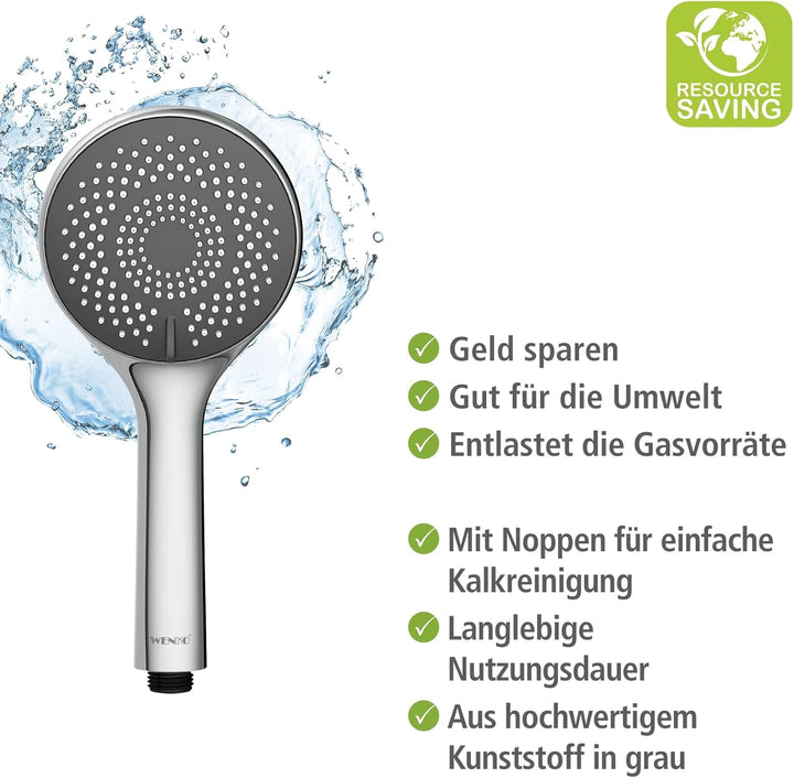 WENKO Wasserspar Duschkopf Watersaving, Handbrause mit Wasserspar-System, 3 Strahlarten, Ø 11 cm, AB