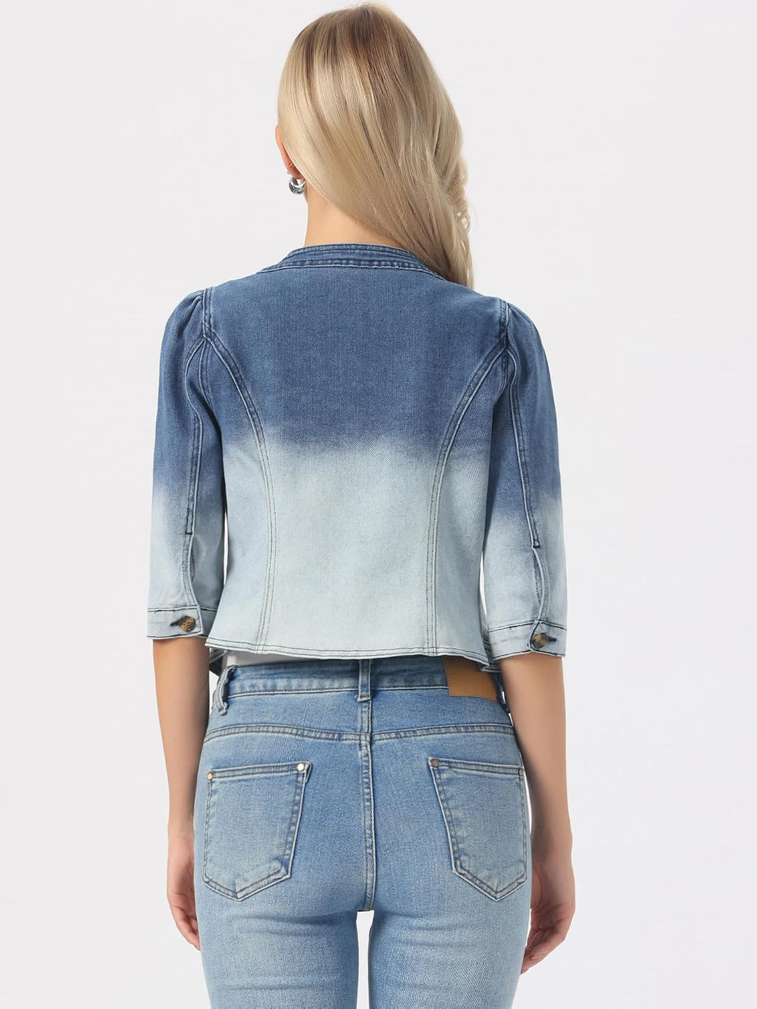 Allegra K Damen Jeansjacke 3/4 Ärmel Open Front Kragenlos Jacke mit Taschen S Blau Weiss, S Blau Wei