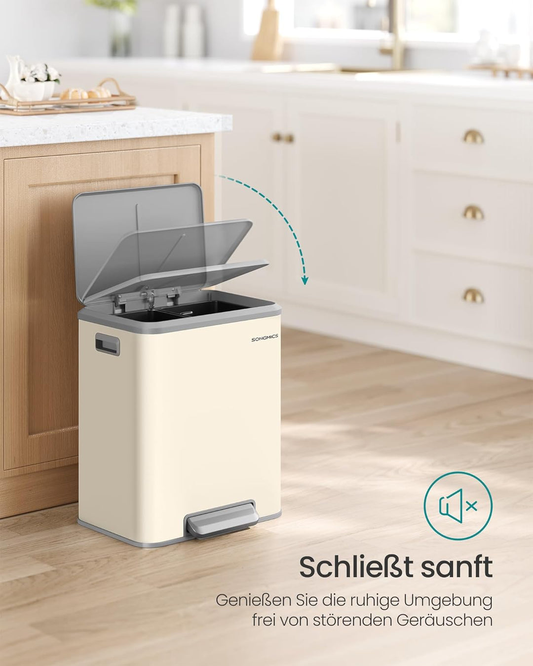 SONGMICS Mülleimer Küche, Mülltrennsystem 2 x 15 L, 2 Fächer für Recycling und Restmüll, Abfalleimer