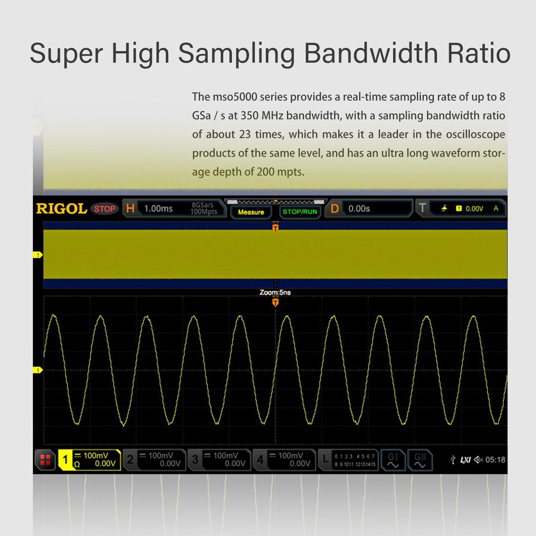 RIGOL MSO5204 Digitaloszilloskop, 4 Kanäle, 200MHz, 8Gsa/s, 100Mpts, 500000wfms/s, MSO5000-BND inklu