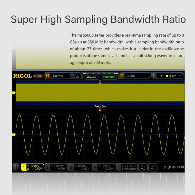 RIGOL MSO5204 Digitaloszilloskop, 4 Kanäle, 200MHz, 8Gsa/s, 100Mpts, 500000wfms/s, MSO5000-BND inklu