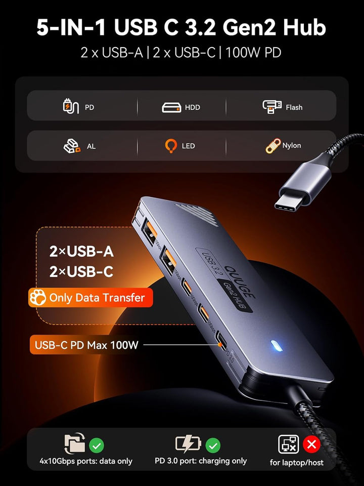 QUUGE USB C Hub 10 Gbps, PD100W, 2 USB-C & 2 USB-A 3.2 Datenports, Multiport Adapter mit 100cm Nylon