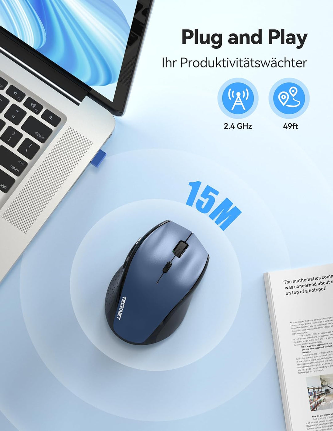 TECKNET PRO Kabellose Maus Wiederaufladbar,Silent Funkmaus 6400 DPI, 2,4 GHz Computermaus, Ergonomis