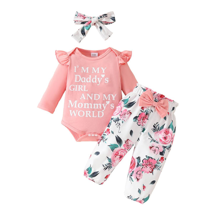 Neugeborenes Baby Mädchen Kleidung Papas Mädchen Langarm Tops Blumenhosen Sets Stirnband Säuglingsmä
