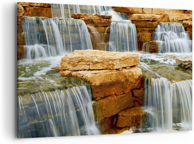 Bilder auf Leinwand 100x70cm Leinwandbild Wasserfall Steine Wasser Gross Wanddeko Bild Schlafzimmer