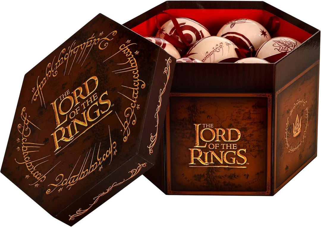 Elbenwald Herr der Ringe Weihnachtsbaumkugeln mit Mittelerde Motiven Krone und weisser Baum von Gond