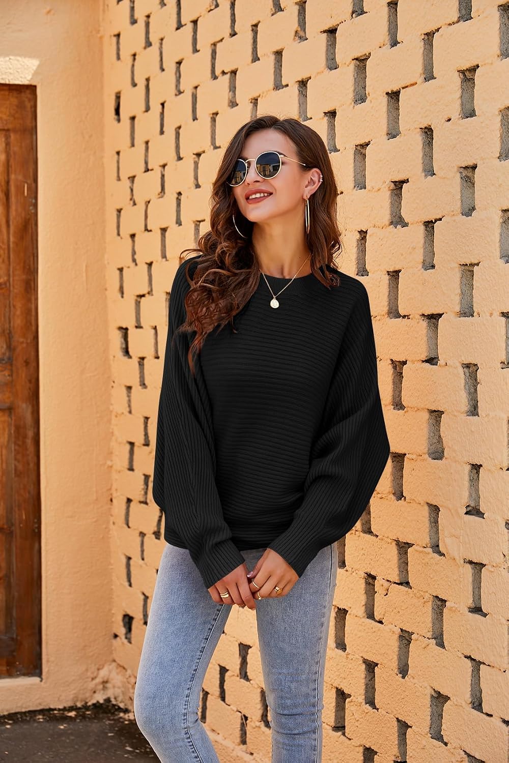Fessceruna Damen Pullover Oversize Fledermausärmel Strickpullover Winter Rundhals Pulli Geripptes Sw