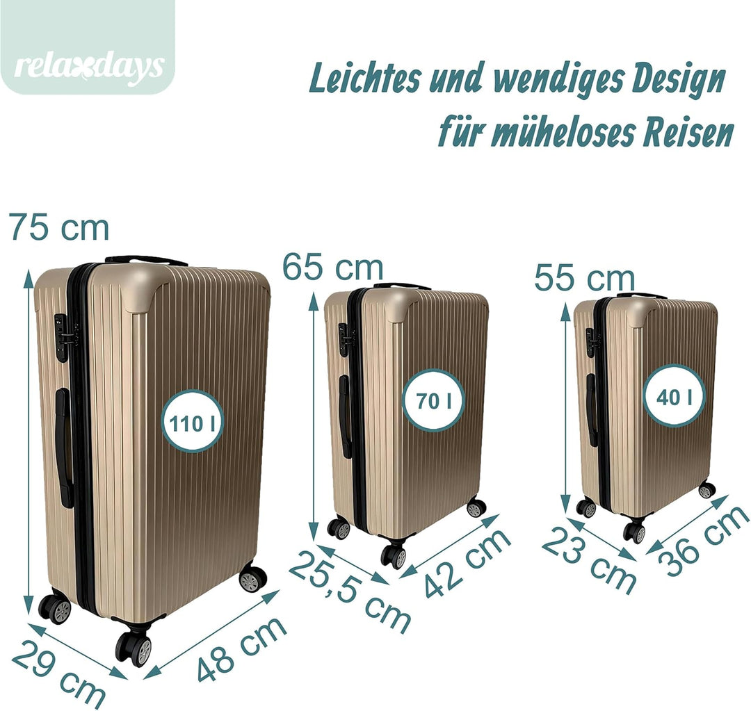 Relaxdays Kofferset, 3-teilig, 4 Rollen, Hartschale, 3 Grössen, Teleskopgriff, Zahlenschloss, Reisek