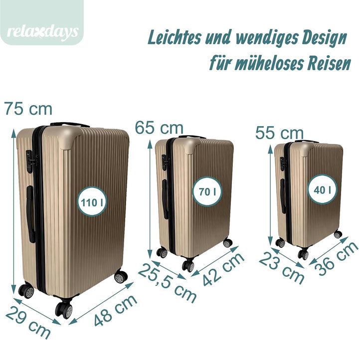 Relaxdays Kofferset, 3-teilig, 4 Rollen, Hartschale, 3 Grössen, Teleskopgriff, Zahlenschloss, Reisek