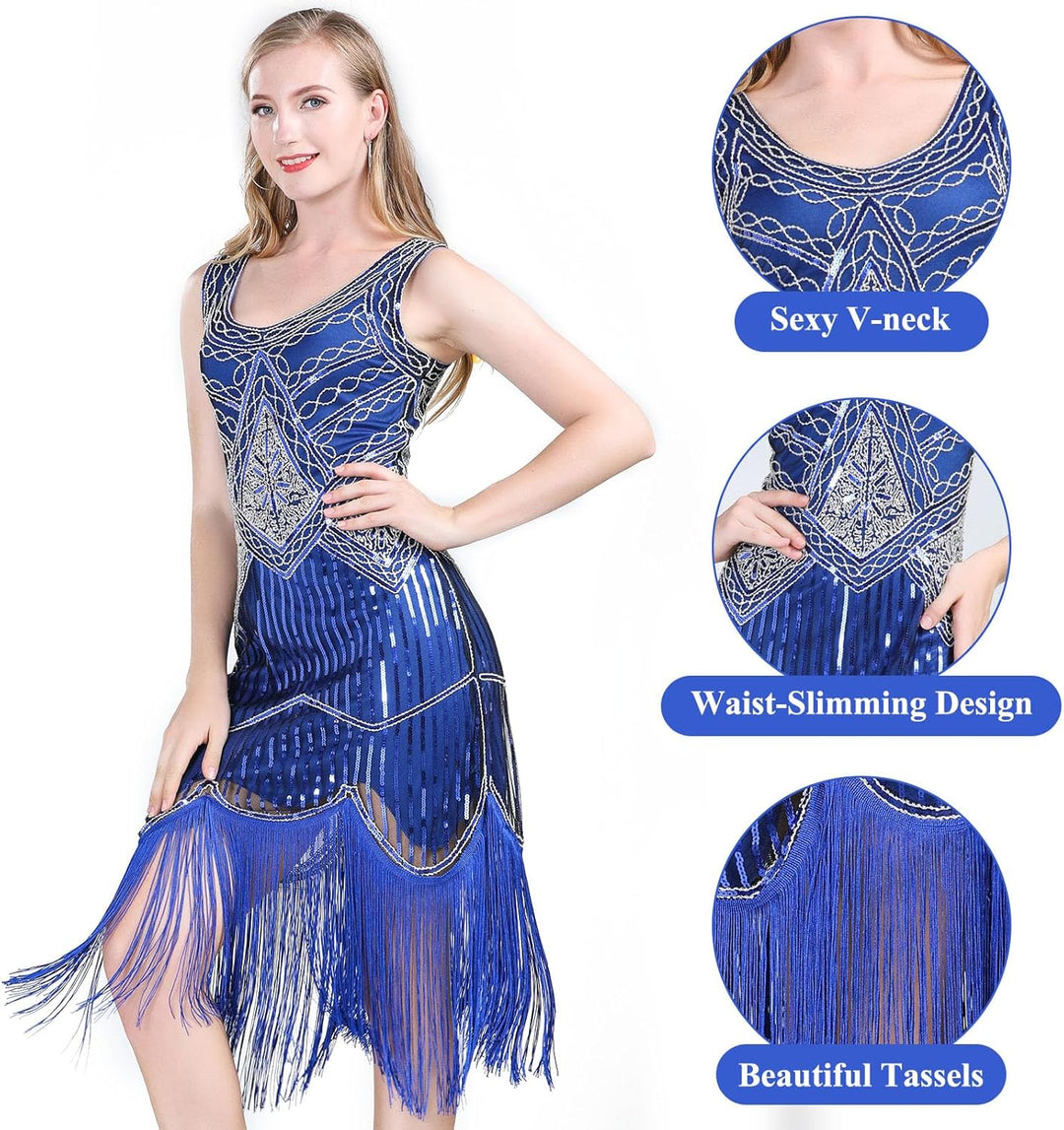 FEPITO 1920er Jahre V-Ausschnitt Pailletten Perlen Fransen Kleid mit 20er Jahren Zubehör Set Blau L,