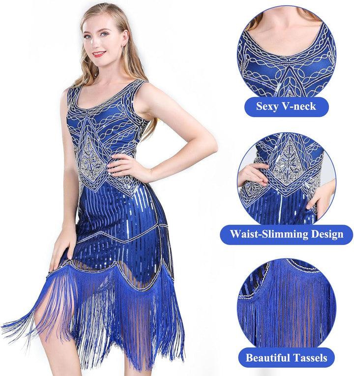 FEPITO 1920er Jahre V-Ausschnitt Pailletten Perlen Fransen Kleid mit 20er Jahren Zubehör Set Blau L,