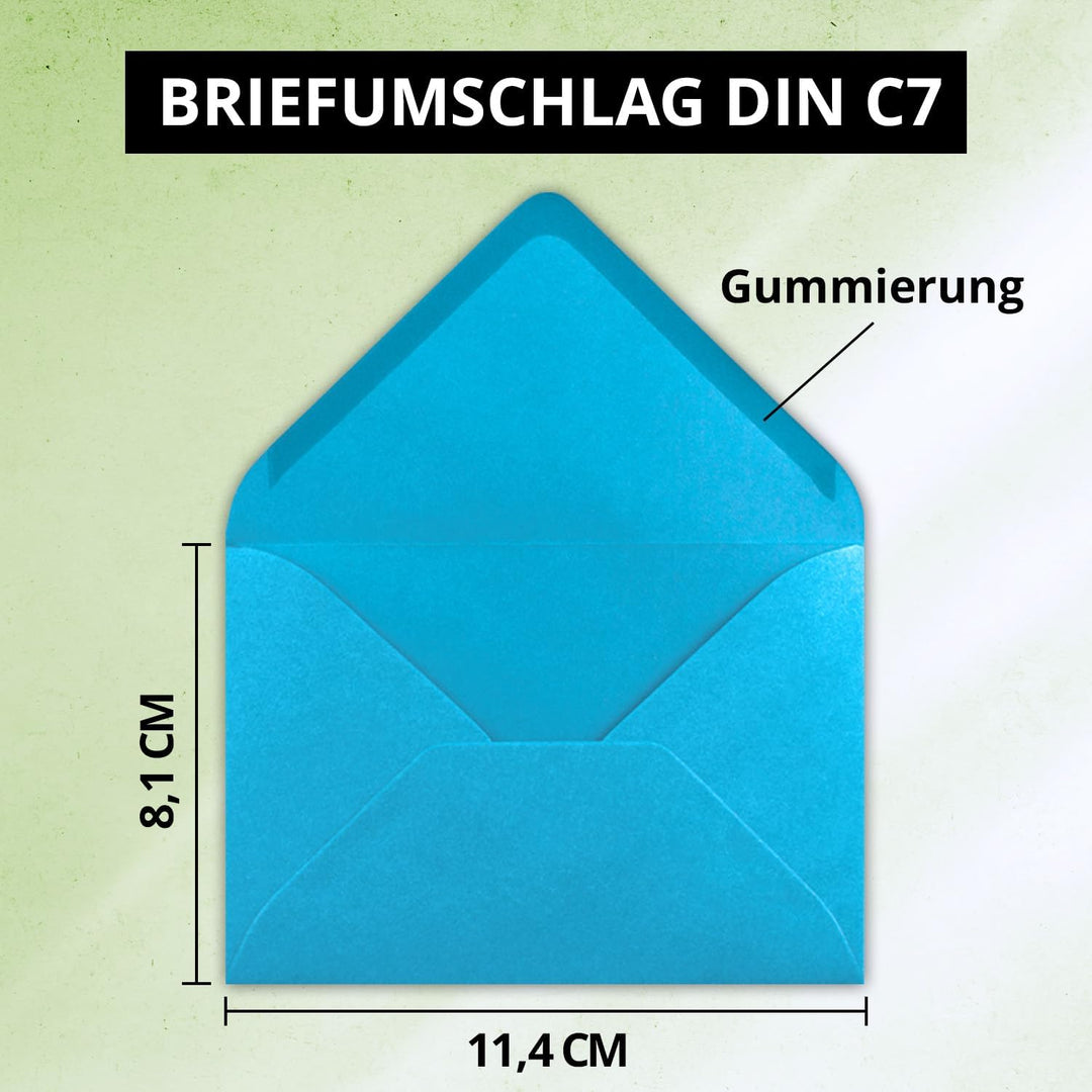 150x kleine Umschläge in Azurblau DIN C7 8,1 x 11,4 cm mit Spitzklappe und Nassklebung in 80 g/m² -