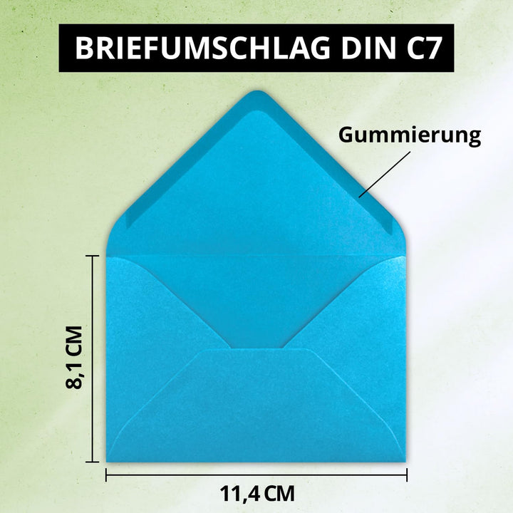 150x kleine Umschläge in Azurblau DIN C7 8,1 x 11,4 cm mit Spitzklappe und Nassklebung in 80 g/m² -