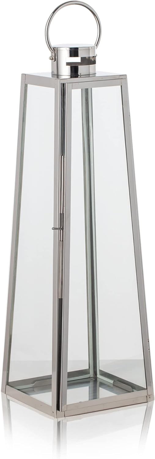KHG Laterne 70 cm in Silber aus Stahl/Glas, pyramidenförmig, praktischer Tragegriff Kerzenständer, K