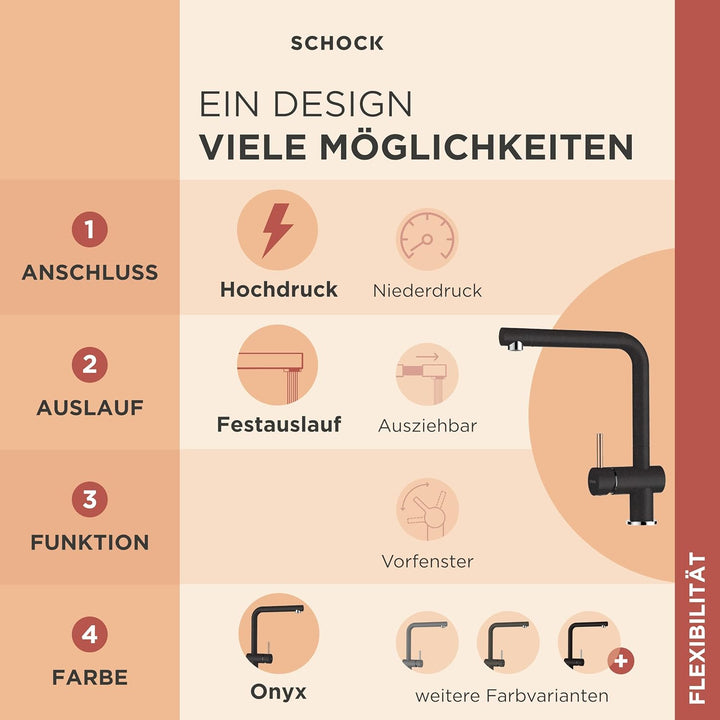 SCHOCK® Küchenarmatur Epos Onyx I Hochdruck Wasserhahn mit Festauslauf I Schwenkbarer Einhebelmische