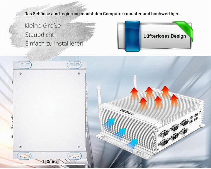 HISTTON Lüfterlos Mini PC Industrie PC Intel Core i7-4500U, 8GB RAM 128GB SSD, HDMI &amp;VGA Dual Ausgan