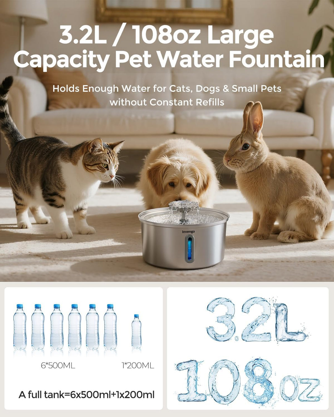 Katzenbrunnen Edelstahl, 3.2L Trinkbrunnen für Katze mit Blumenfontäne & 6 Kohlefilter und 6 Schaums