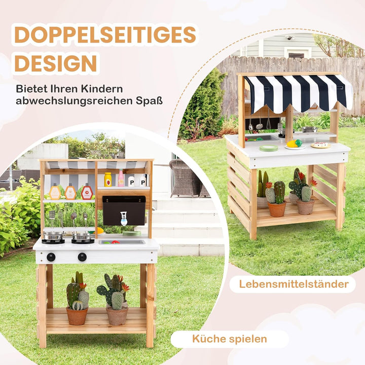 DREAMADE Matschküche Kinder Outdoor, Kinderküche aus Tannenholz mit Dach, Wassertank, Wasserhahn, Sp
