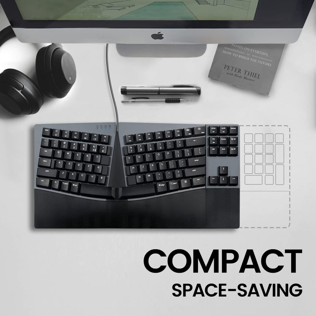Perixx PERIBOARD335BL Kabelgebundene ergonomische mechanische kompakte Tastatur – Flache Blaue Klick