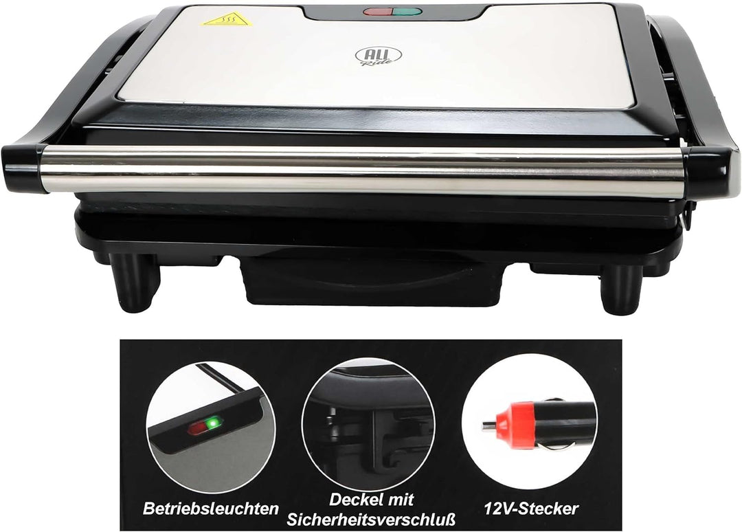 Kontaktgrill 24 Volt 240W für LKW Wohnmobil Boot - Elektrogrill mit LED-Kontrollleuchten - Kabel 105