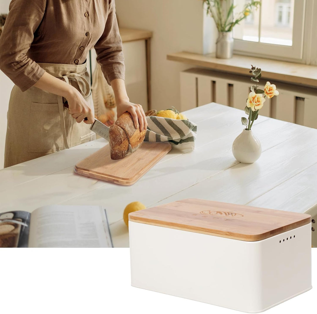 Theo&Cleo Brotkasten mit Schneidebrett , 33x21x15cm , Matte Brotbox mit Bambusdeckel und Leinen Brot