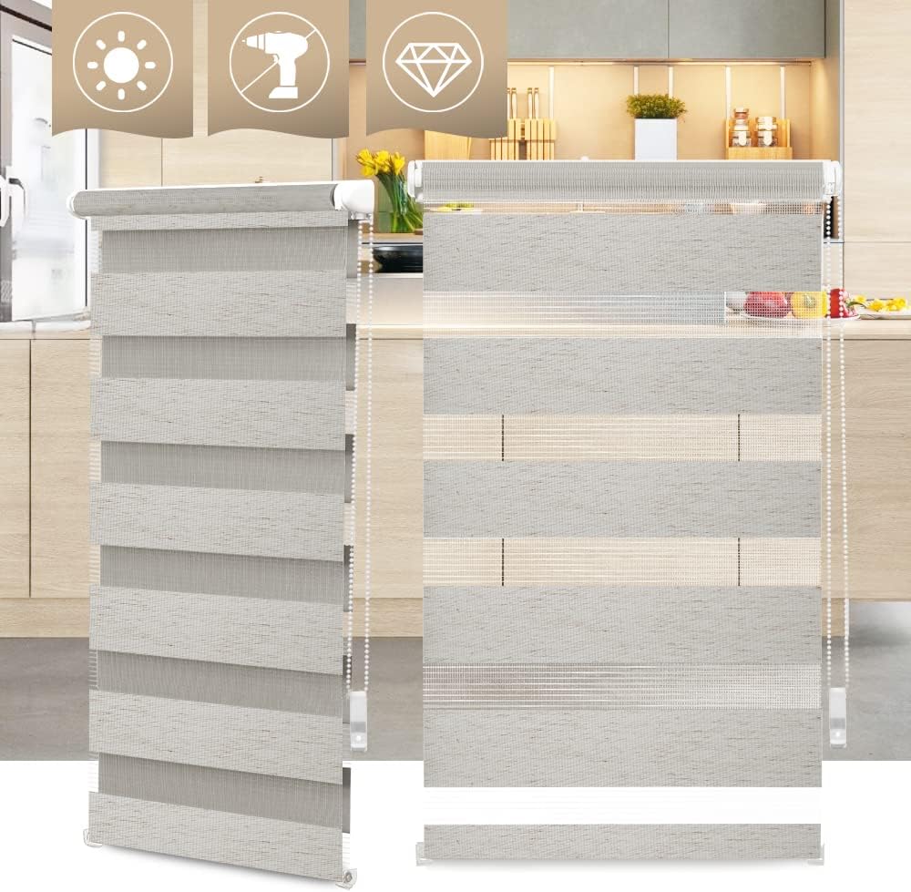 OBdeco Doppelrollo Duo Rollo Klemmfix ohne Bohren B95cm x H150cm(Stoffbreite 91 cm) Leinen für Fenst