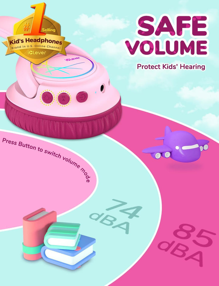 iClever Bluetooth kopfhörer Kinder mit LED-Leuchten, 74/85/94dB Lautstärkebegrenzung, 43 Stunden Spi