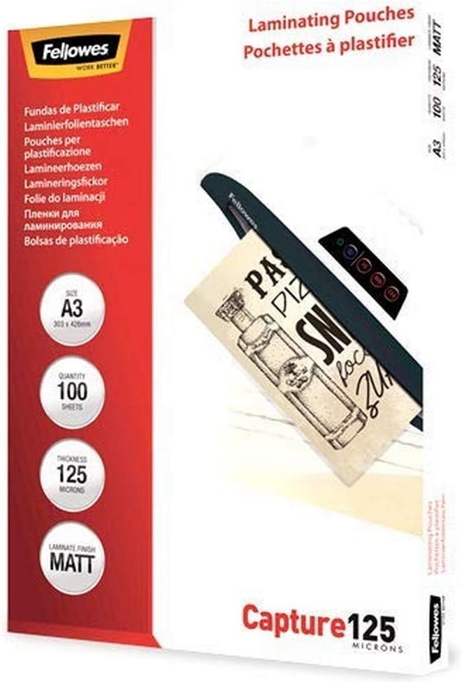 Fellowes matte Laminierfolien A3, entspiegelt, 125 Mikron (2 x 125 mic), 100 Stück A3 / 125 Mikron S
