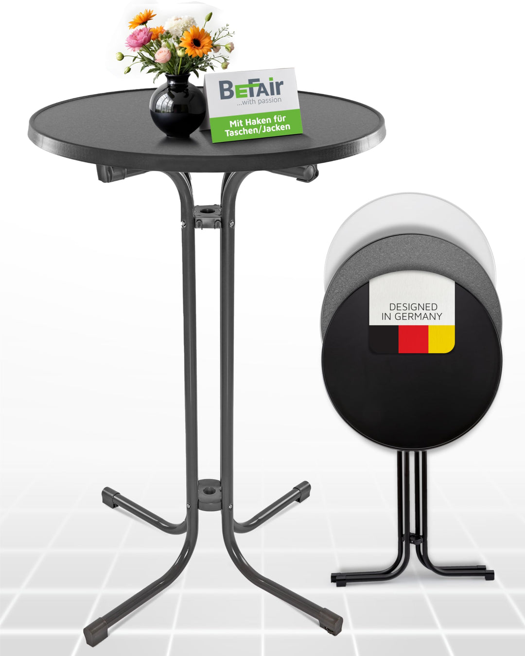 BeFair Stehtisch Klappbar Anthrazit Ø 70 cm Rund Nico - Stabiler Partytisch in Höhe 110 cm mit 4 pra