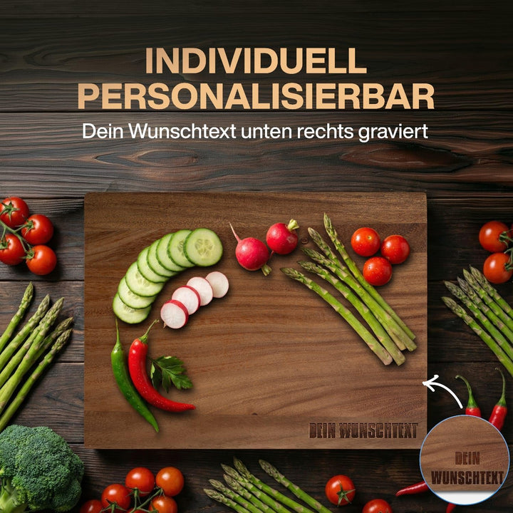 Premium Schneidebrett aus Nussbaum - PERSONALISIERBAR - 40 x 30 cm Hochwertiges Küchenbrett aus Holz
