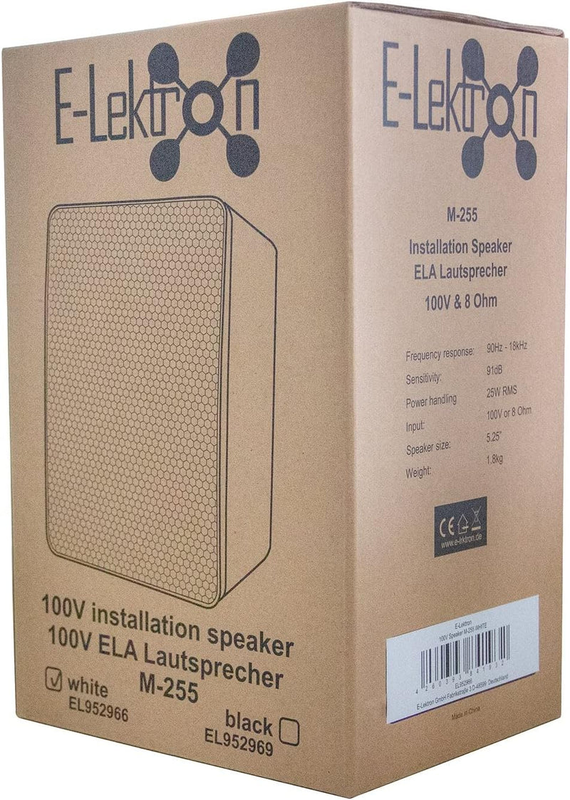 E-Lektron M-255 100V ELA / 8-Ohm Lautsprecher Box Weiss + Wandhalterung für Hintergrundmusik und Ans