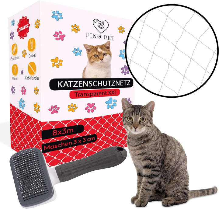 FinoPet Katzennetz für Balkon 8x3 Meter transparent mit Katzenbürste inklusive Befestigungsmaterial,