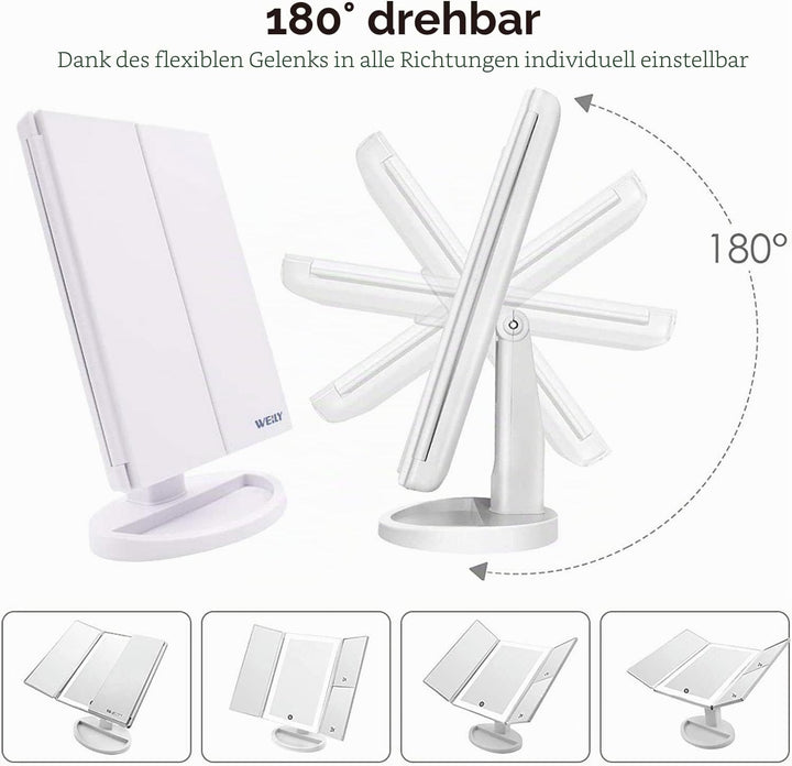 WEILY Schminkspiegel mit LED-Beleuchtung und Touchscreen, Vergrösserung 1X/2X/3X, Drehung um 180 °,