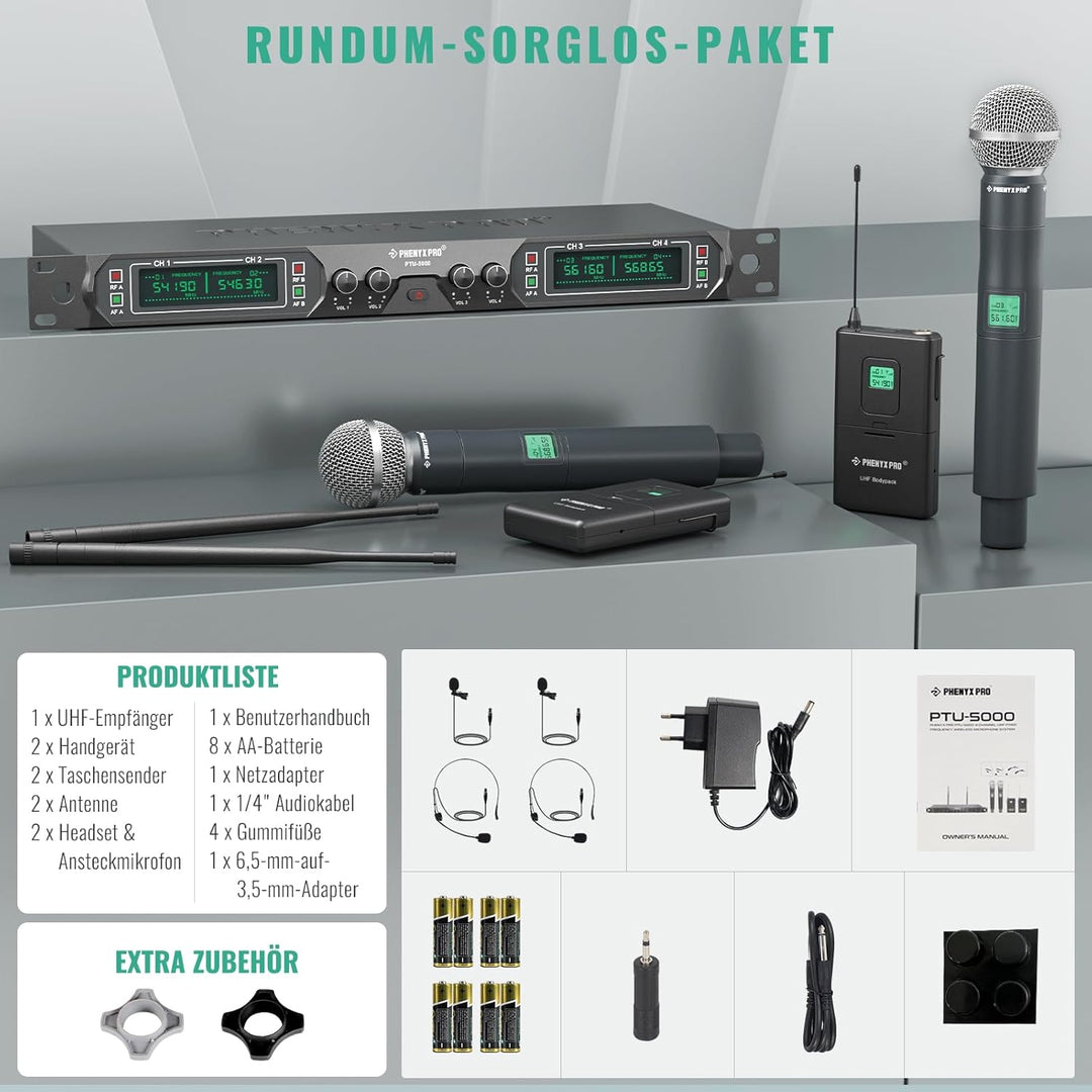 Phenyx Pro 4-Kanal UHF Drahtlos-Mikrofonsystem, Festfrequenz-Mikrofon mit Hand-/Taschen-/Kopfbügel-/