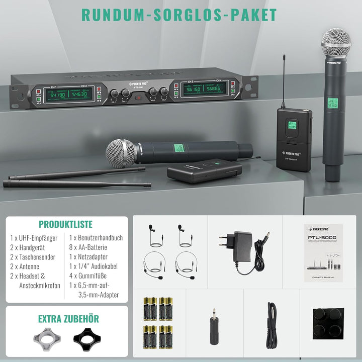 Phenyx Pro 4-Kanal UHF Drahtlos-Mikrofonsystem, Festfrequenz-Mikrofon mit Hand-/Taschen-/Kopfbügel-/