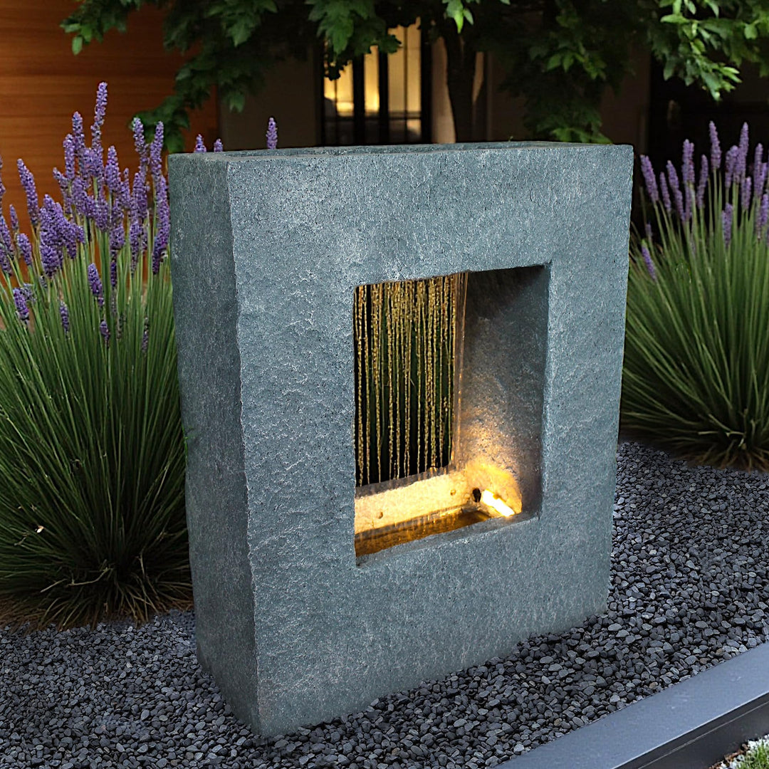 Gartenbrunnen mit LED Beleuchtung 65x53 cm Zimmerbrunnen Brunnen Steinoptik Regen Wasserfall eckig w