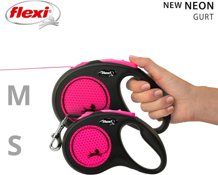 flexi® Neon M Gurt 5 m schwarz, neon-Pinker Gurt, reflektierende Seitenfläche, Roll-Leine für Hunde