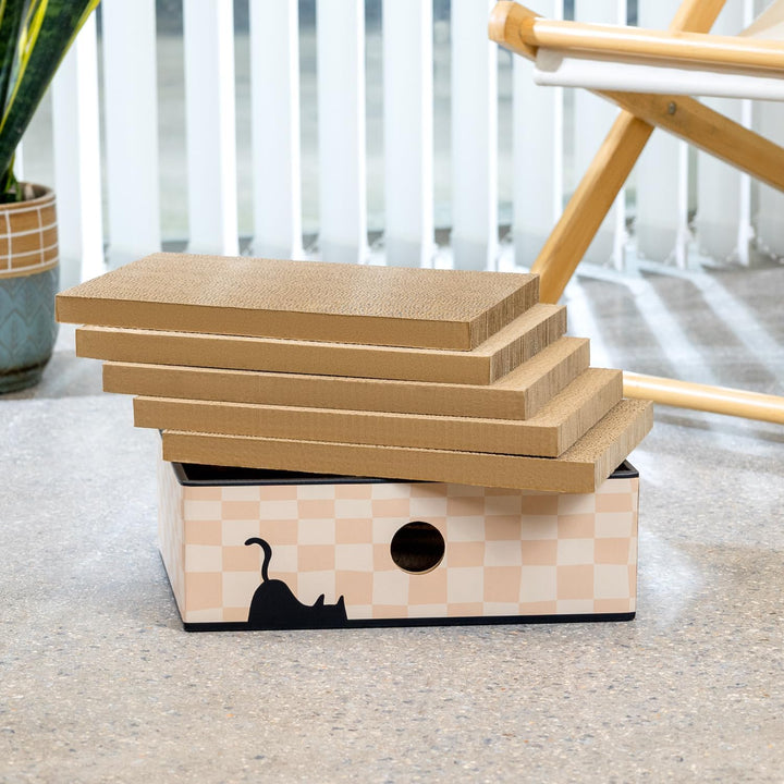 Conlun 5er-Pack Kratzbrett Katze mit Box, Grosses Beidseitiges Design, Interaktive Öffnungen, Sauber