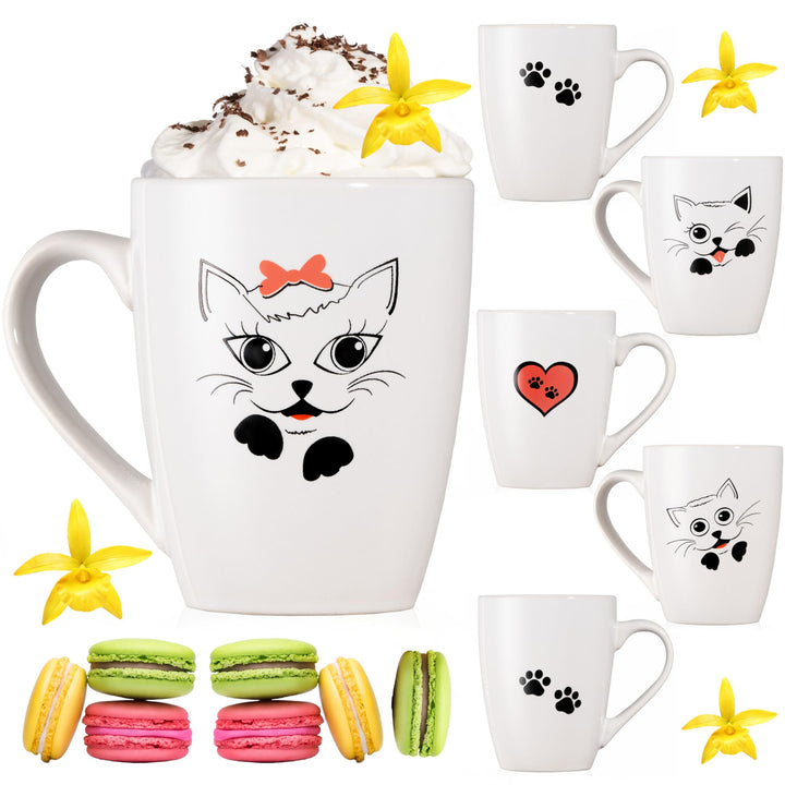 PLATINUX Kaffeetassen mit Griff Set 6 Teilig mit Katzen Motiv 250ml Teetasse Tasse Kaffeebecher Teeb