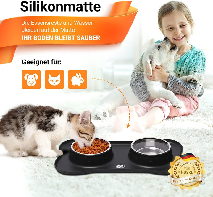 Huskl Katzenfressnapf Hundenapf Set mit Unterlage aus Silikon Katzennapf rutschfest für Hunde Katzen