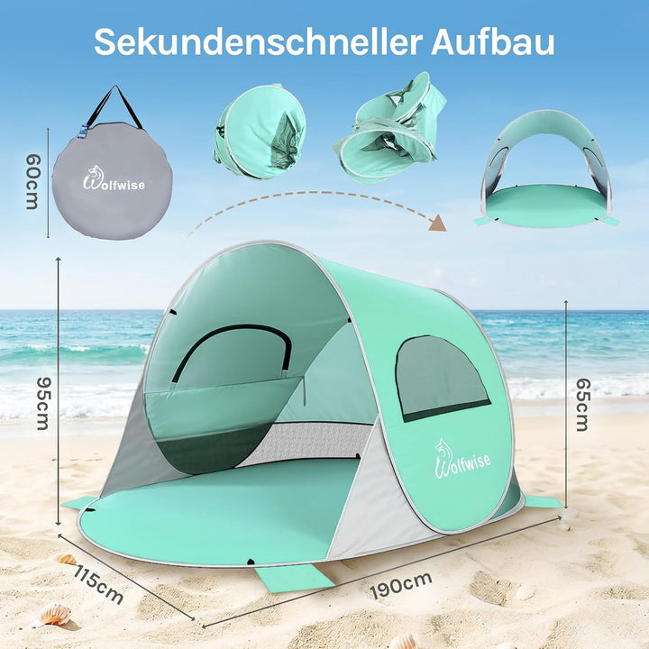 Wolfwise Pop Up Strandmuschel für 2 Personen, Sofort Aufbau, UV-Schutz 50+, Wasserabweisend, Belüfte