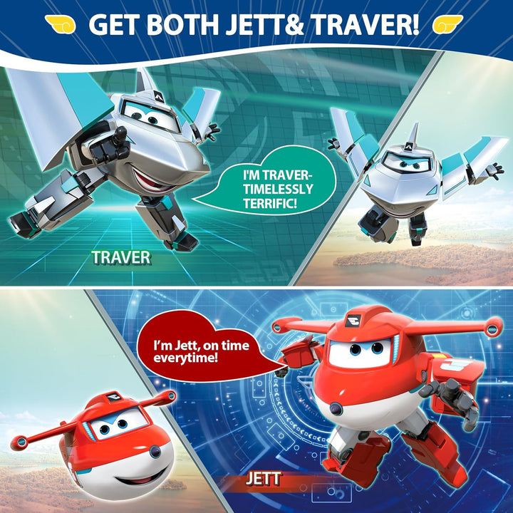 Super Wings Transforming Spielzeug 2PCS Jett & Traver, 2 in 1 Action Figur, 12,7 cm grosses Flugzeug